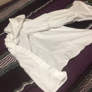 White over the shoulder puffy sleeve button up